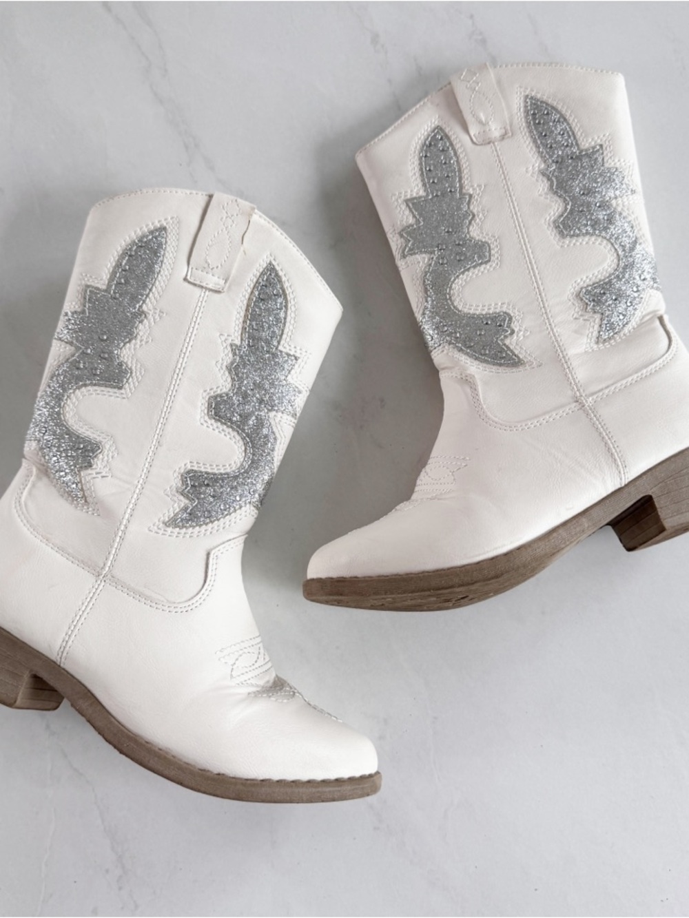 Kids White Cowboy Boots with Silver Glitter Accents